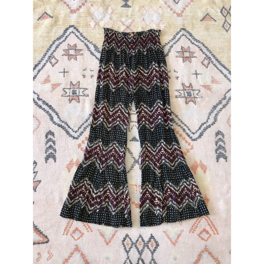 Free People One Navy Burgundy Flared Printed Lightweight Casual Pants Womens M